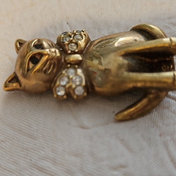KREMENTZ Vintage Kitty Cat w/ Rhinestones Bow Brooch - Picture 4 of 6